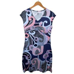 Title Nine Sheath Dress Size Small Purple Geo Print‎ Ruched V Neck Outdoor Soft